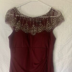 Burgundy Beaded Cap Sleeve Prom Dress